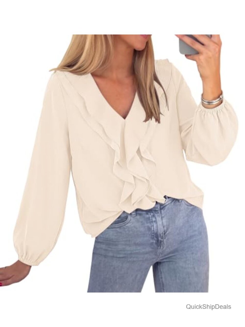 Womens Ruffle Blouse Long Sleeve V Neck Dressy Casual Tunic Top